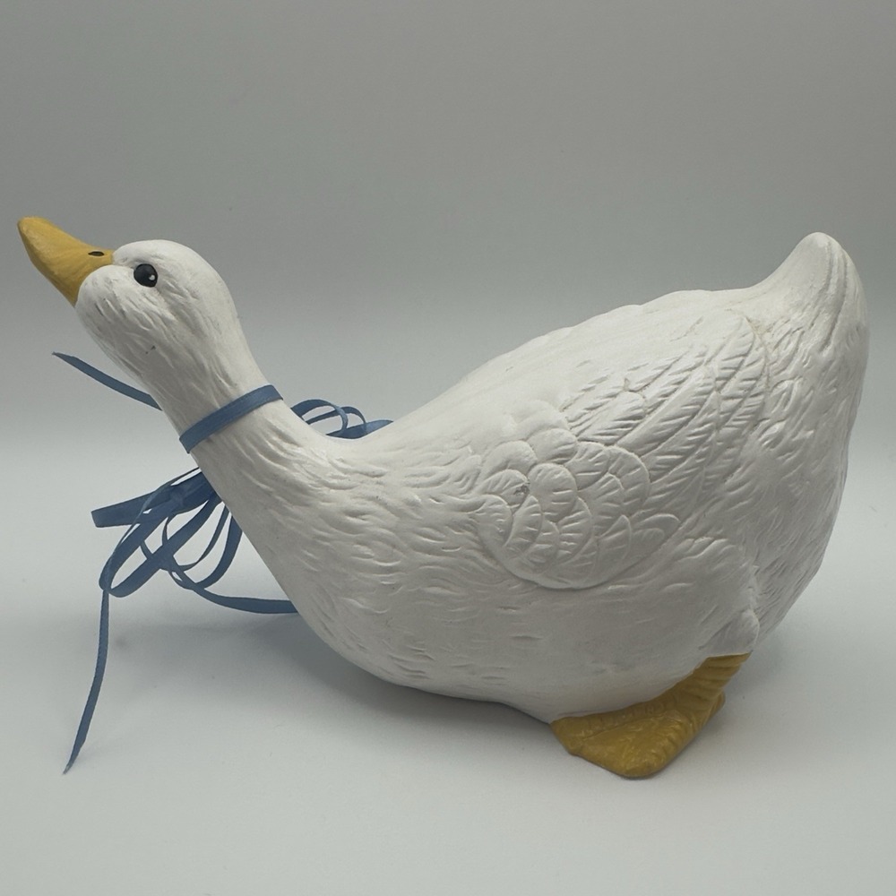 Vintage Ceramic Goose Figurine Blue Ribbon Bow Farmhouse Country Decor 4.5x8 - Picture 2 of 6